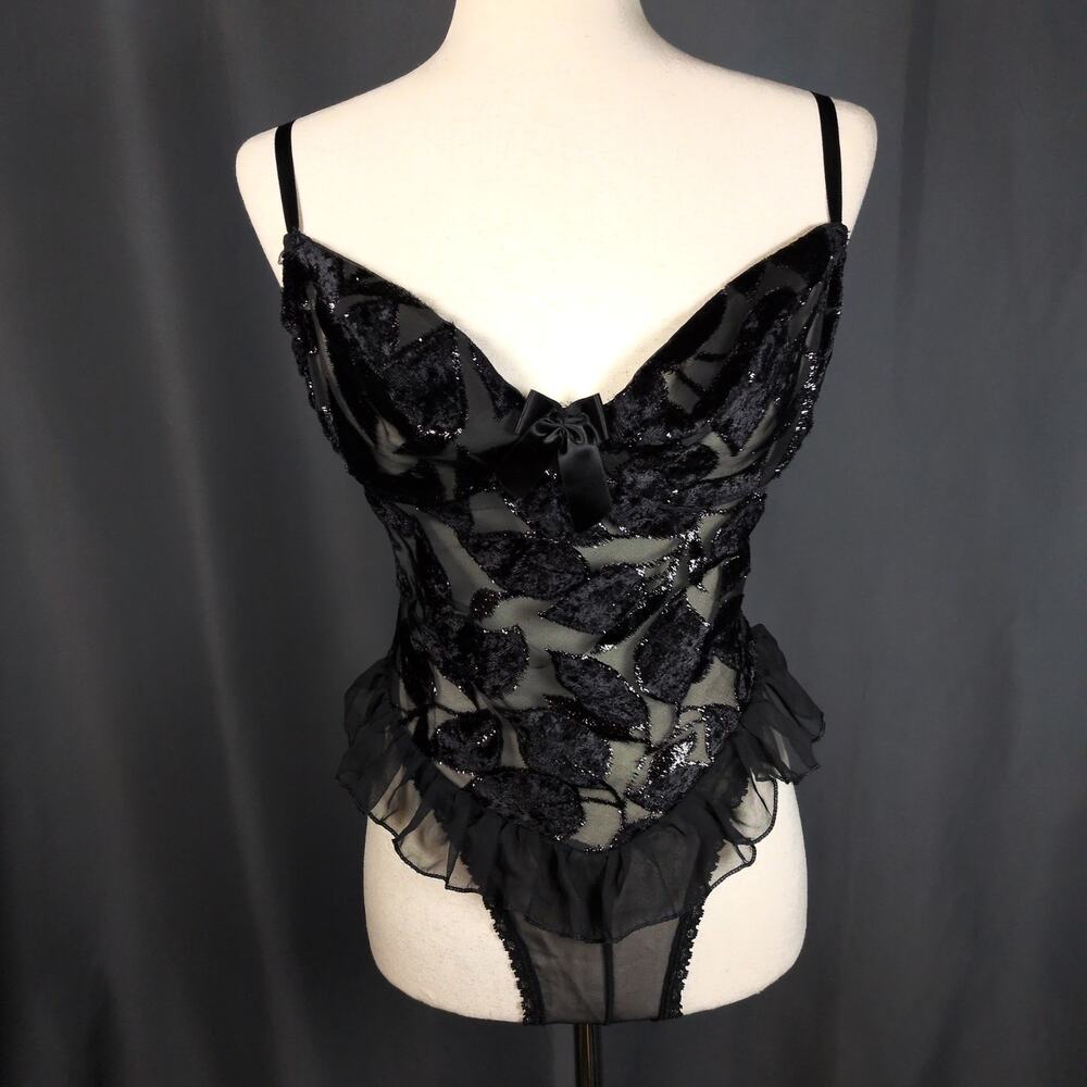 VTG 90s Frederick's of Hollywood Black Bodysuit Ruffle Teddy Velvet Sparkle Lg